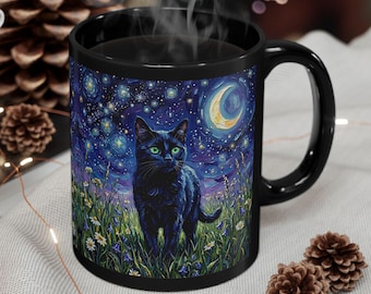 Black Cat Moon and Stars Ceramic Coffee Mug