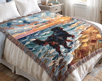Sunset Beach Bernese Mountain Dog Woven Blanket | Scenic Coastal Throw