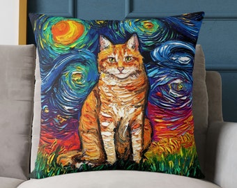 Oreiller en polyester filé, chat tigré orange assis, oeuvres d'art nuit étoilée par Aja Home Decor, choisissez un oreiller rembourré ou simplement une taie