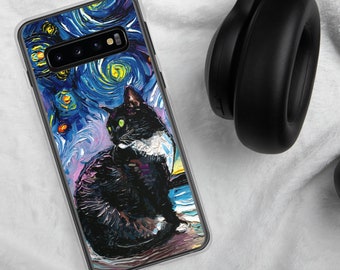 Tuxedo Cat with Green Eyes on Beach Cat Starry Night Samsung Android Case Phone Protector Art by Aja Kitty Cats telephone jewel case