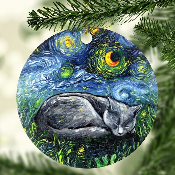 Sleeping Russian Blue Cat Starry Night Ornament Printed On Both Sides Ceramic Heirloom Pet Memorial Gift