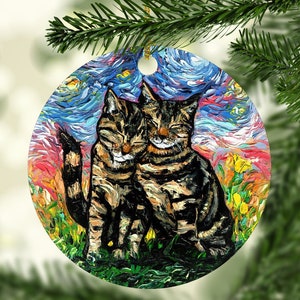 Two Tabby Cats Kittens Starry Night Art By Aja 3x3 Inch Christmas Ornament Printed On Both Sides Ceramic Heirloom Tree Decoration