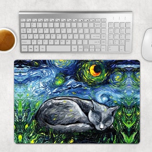Desk Mats - Sleeping Russian Blue Cat Starry Night Art By Aja Mouse Pad Gaming Keyboard Mat 3 Sizes To Choose From