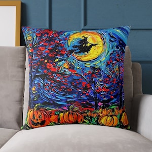 Spun Polyester Pillow - Halloween Witch Jack O Lantern Starry Night Art by choose stuffed pillow or just case Seasonal Spooky Home Decor