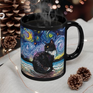 Starry Night Tuxedo Cat Ceramic Coffee Mug Artisan Pet Lover Novelty Cup Unique Cat Mom Gift Idea Drinkware Aesthetic Cat Dad Hot Tea Cup