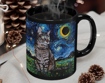 11oz Black Mug - Tabby Cat Starry Night Eclipse Moon Ceramic Coffee Cup Art by Aja Drinkware Kitchen Home