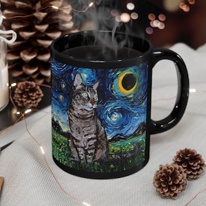 Starry Night Gray Tabby Cat Ceramic Coffee Mug Artisan Pet Lover Novelty Cup Unique Cat Mom Drinkware Aesthetic Cat Dad Hot Tea Cup