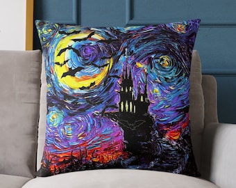 Gothic Dracula Castle Pillow: Transylvanian Starry Night Art