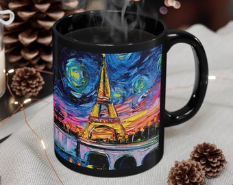 11oz Black Mug - Eiffel Tower Starry Night Paris France Ceramic Coffee Cup Art by Aja Drinkware Kitchen Home