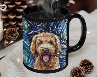 11oz Black Mug - Goldendoodle Portrait Starry Night Dog Ceramic Coffee Cup Art by Aja Drinkware Kitchen Home