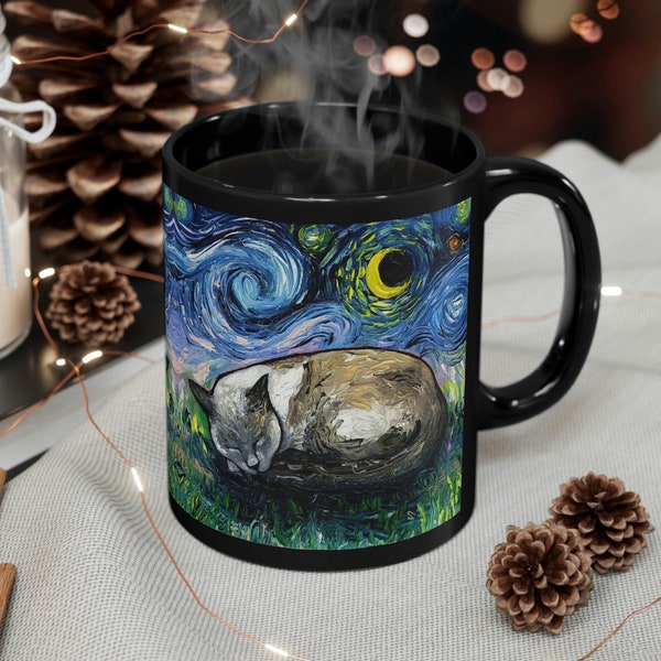 11oz Black Mug - Sleeping Siamese Cat Starry Night Ceramic Coffee Cup Art by Aja Drinkware Kitchen Home