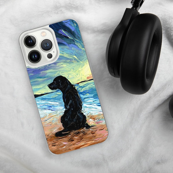 Black Labrador on Beach Dog Starry Night iPhone Case Phone Protector Art by Aja telephone jewel case Ocean Sunset