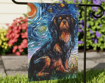 Black And Tan Cavalier King Charles Spaniel Starry Night Yard and House Flags Double Sided Printing Art By Aja Outdoor Decor Garden Lawn