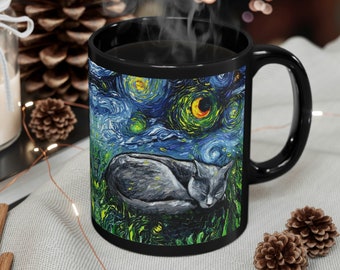 11oz Black Mug - Sleeping Black Cat Starry Night Ceramic Coffee Cup Art by Aja Drinkware Kitchen Home