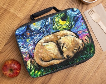 Lunch Bag - Sleeping Golden Retriever Puppy Starry Night Dog 9.5x7x2.8 inches Insulated Lunch Box Art by Aja