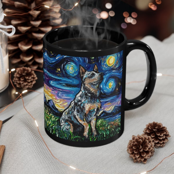 11oz Black Mug - Blue Heeler Cattle Dog Starry Night Ceramic Coffee Cup Art by Aja Drinkware Kitchen Home