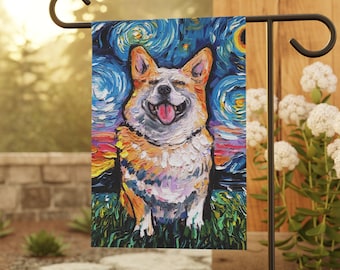 Smiling Pembroke Welsh Corgi Starry Night Dog Yard and House Flags Double Sided Printing Art By Aja Outdoor Decor Lawn Garden Decoration