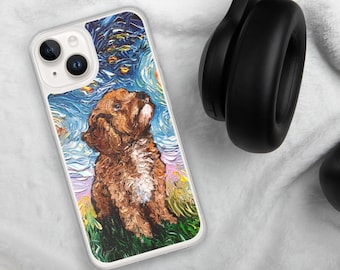 Cavapoo Starry Night iPhone Case Dog lover cute fluffy pup art by Aja animal phone protector Cavalier King Charles Spaniel
