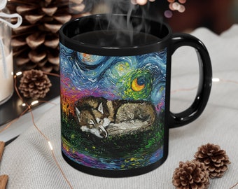 11oz Black Mug - Sleeping Brown Husky Starry Night Dog Ceramic Coffee Cup Art by Aja Drinkware Kitchen Home