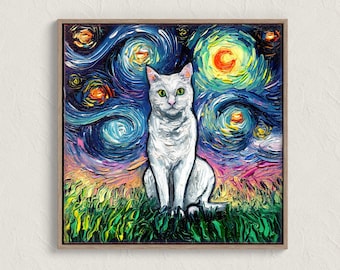 Starry Night White Cat Art Print | Impressionist Gallery Wall Decor