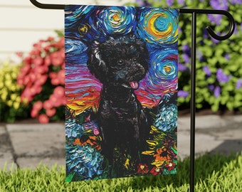 Black Poodle And Hydrangeas Starry Night Yard and House Flags Double Sided Printing Art By Aja Outdoor Decor Lawn Garden Decoration