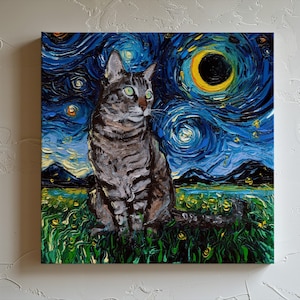 May include: A tabby cat with green eyes sits in a field of yellow flowers against a blue and white starry night sky with a yellow crescent moon. The painting is done in a style reminiscent of Vincent van Gogh.