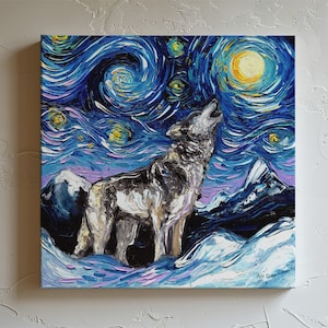 Howling Gray Wolf Starry Night Painting Canvas Print | Impressionist Wolf | Animal Wall Art | Starry Dog Print | Canvas Gallery Wall Art