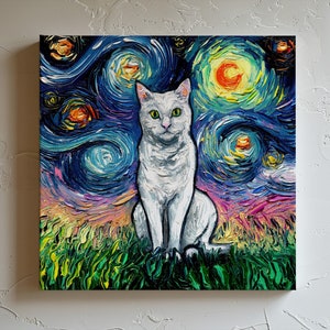 White Cat Starry Night Painting Canvas Print | Choose Eye Color | Cat Lover Gift | Starry Cat Print | Gallery Wall Art | Impressionist Cat