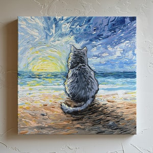 Nebelung Cat Sunset Beach Art Print by artist Aja Trier of Sagittarius Gallery