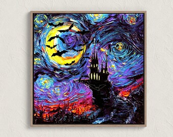 Dracula Castle Haunted Starry Night Painting Print Impressionist Halloween Decor Gothic Wall Art Seasonal Decorations Goth Gallery Wall Art