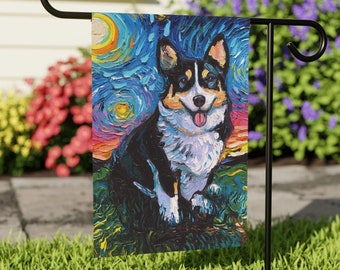 Tri Color Pembroke Welsh Corgi Starry Night Dog Yard and House Flags Double Sided Printing Art By Aja Outdoor Decor Lawn Garden Decoration
