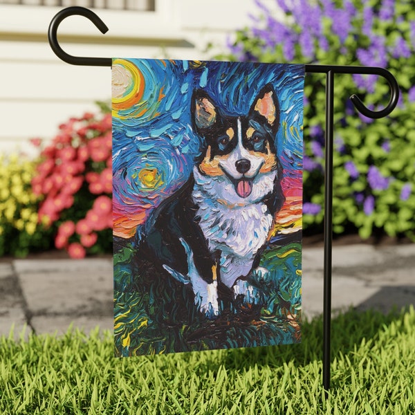 Tri Color Pembroke Welsh Corgi Starry Night Dog Yard and House Flags Double Sided Printing Art By Aja Outdoor Decor Lawn Garden Decoration