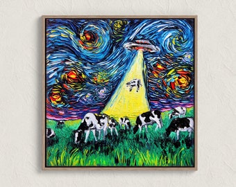 UFO Cow Alien Abduction Starry Night Painting Print Impressionist Sci Fi Colorful Animal Artwork Gallery Wall Art Contemporary Home Decor