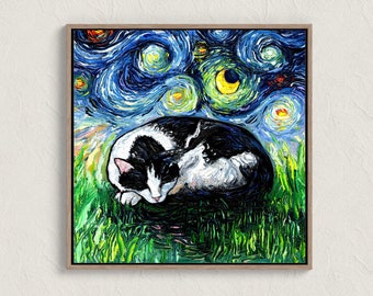 Starry Night Cat Art Print: Sleeping Tuxedo Cat Home Decor