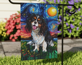 Tri Color Cavalier King Charles Spaniel Starry Night Yard Flags Double Sided Printing Art By Aja Outdoor Decor Lawn Garden Decoration