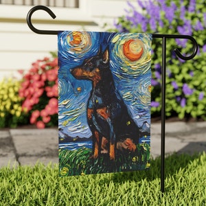 May include: A black and brown dog with a starry night background. The dog is sitting and looking to the left. The background is a blue and yellow starry night sky with a large orange sun in the upper right corner.