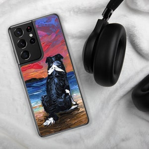 Border Collie Sunset Beach Ocean Artwork Samsung Android Case Phone Protector Art by Aja telephone jewel case