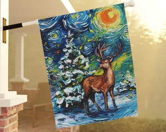 Deer In Snow Starry Night Winter Yard and House Flags Double Sided Printing Art By Aja Outdoor Decor Lawn Garden Decoration