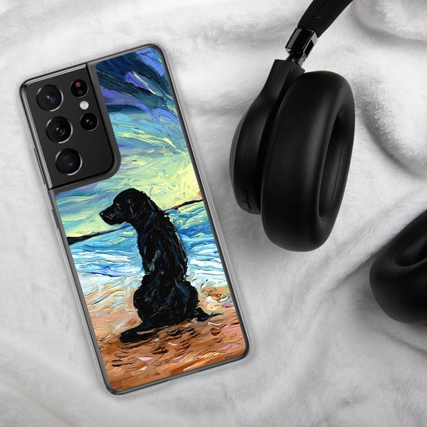 Black Labrador on Beach Dog Starry Night Samsung Android Case Phone Protector Art by Aja telephone jewel case Ocean Sunset