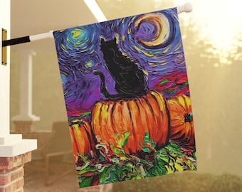 Yard Flag Black Cat and Pumpkins Double Sided House Flag Starry Night Garden Sign Fall Lawn Decoration Decorative Outdoor Decor Cat Lover