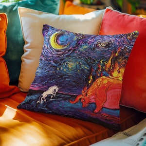 Unicorn and Red Bull Starry Night Throw Pillow | Stuffed Accent Pillow | Home Decor | Unicorn Gift | Unicorn Pillow Case | Art by Aja