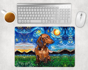 Desk Mats - Brown Short Hair Dachshund Starry Night Dog Art By Aja Mouse Pad Gaming Keyboard Mat 3 Sizes To Choose From