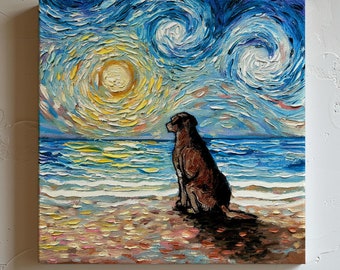 Chocolate Labrador Beach Canvas Print: Starry Night Dog Art