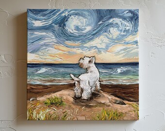 May include: A white West Highland White Terrier dog stands on a beach with a blue and yellow sky in the background. The sky is painted in a style reminiscent of Vincent van Gogh's Starry Night.