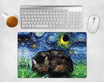 Desk Mats - Sleeping Brown Tabby Cat Starry Night Art By Aja Mouse Pad Gaming Keyboard Mat 3 Sizes To Choose From