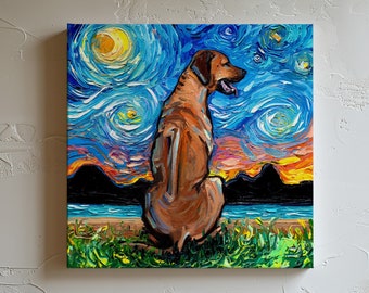 May include: A painting of a brown Rhodesian Ridgeback dog sitting in a field of green grass. The background is a blue and yellow starry night sky with a sunset.