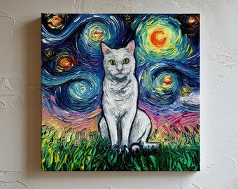 May include: A white cat sits in a field of green grass against a blue and yellow starry night sky. The painting is done in a style reminiscent of Vincent van Gogh's "Starry Night."