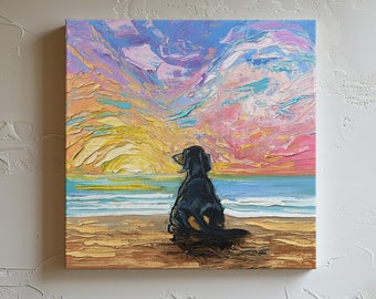 Dachshund Beach Sunset Canvas Print, Impressionist Dog Art