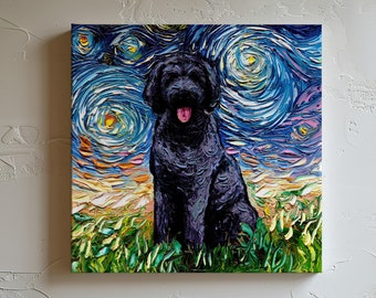 Black Goldendoodle Starry Night Canvas Print, Impressionist Dog Art
