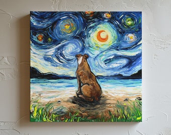 May include: A painting of a brown dog sitting on a beach, looking up at a starry night sky. The sky is painted in shades of blue, yellow, and white, with a large, bright moon in the center. The dog is painted in a realistic style, with its fur and eyes clearly visible.